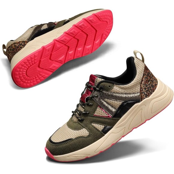 Brand New Women Khaki/Beige Polyurethane LUCKY STEP Leopard Chunky Sneakers - Picture 1 of 9
